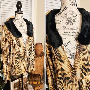 Y2k Retro Knit Chic Faux Fur Collar Leapord Print Button Front Statement Cardiga